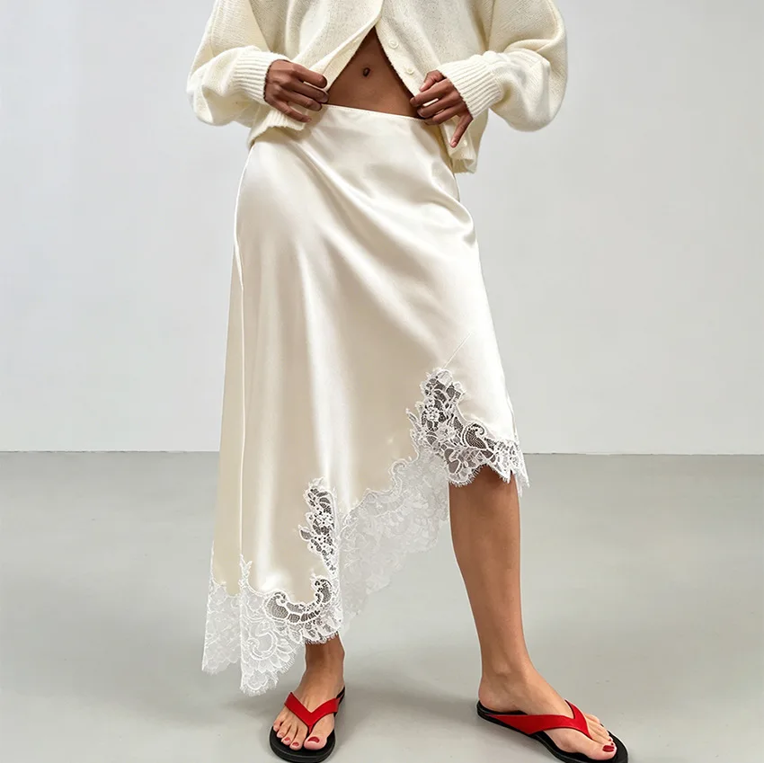 Spring Summer New Fashion Office Work Versatile Lace Trim Slim Fit Irregular Midi Skirt Women Feminine Elegant Chic Female Daily