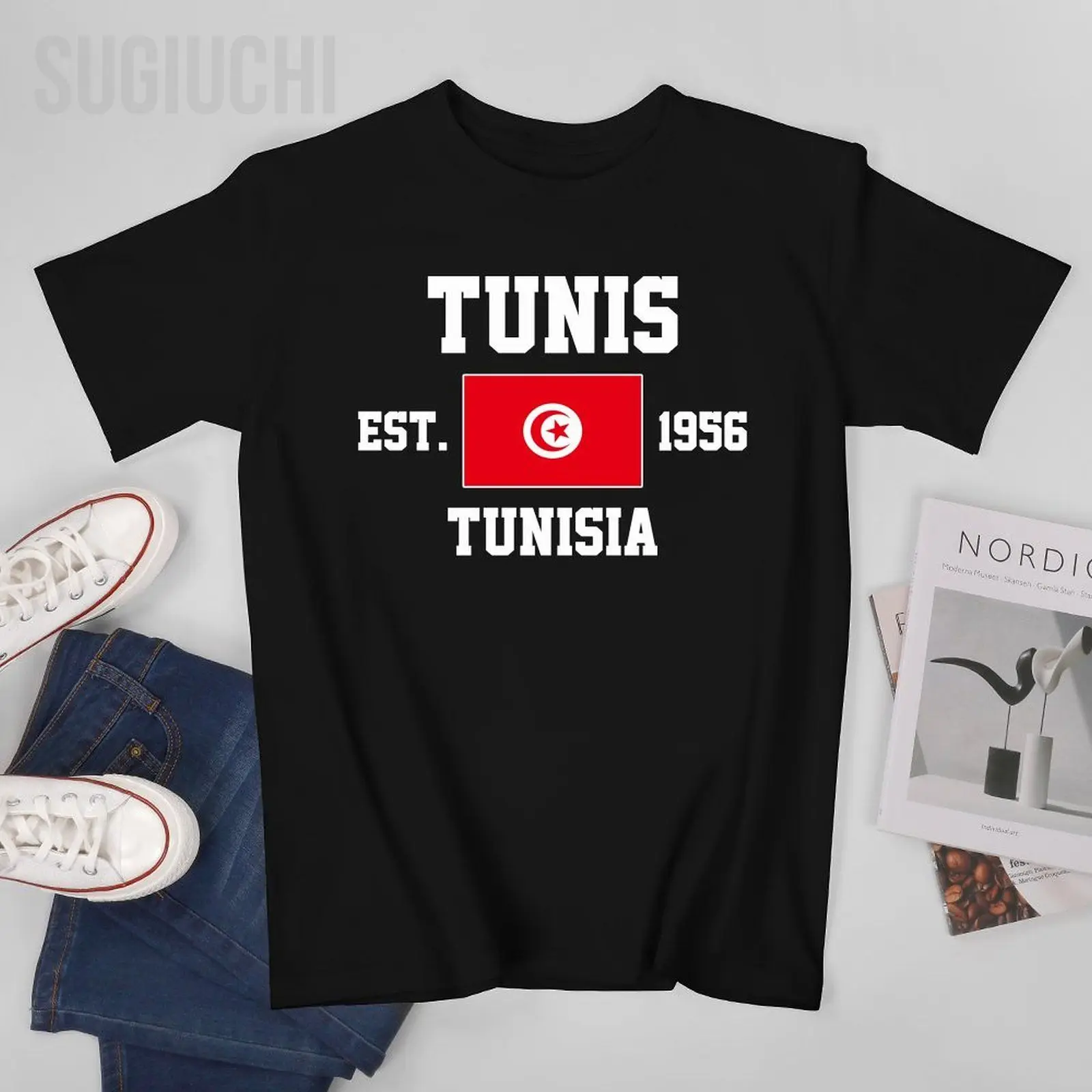 Patriotic Flag Tunisia EST.1956 Tunis Men Tshirt Tees T-Shirt O-neck T Shirts Women Boys Clothing 100% Cotton