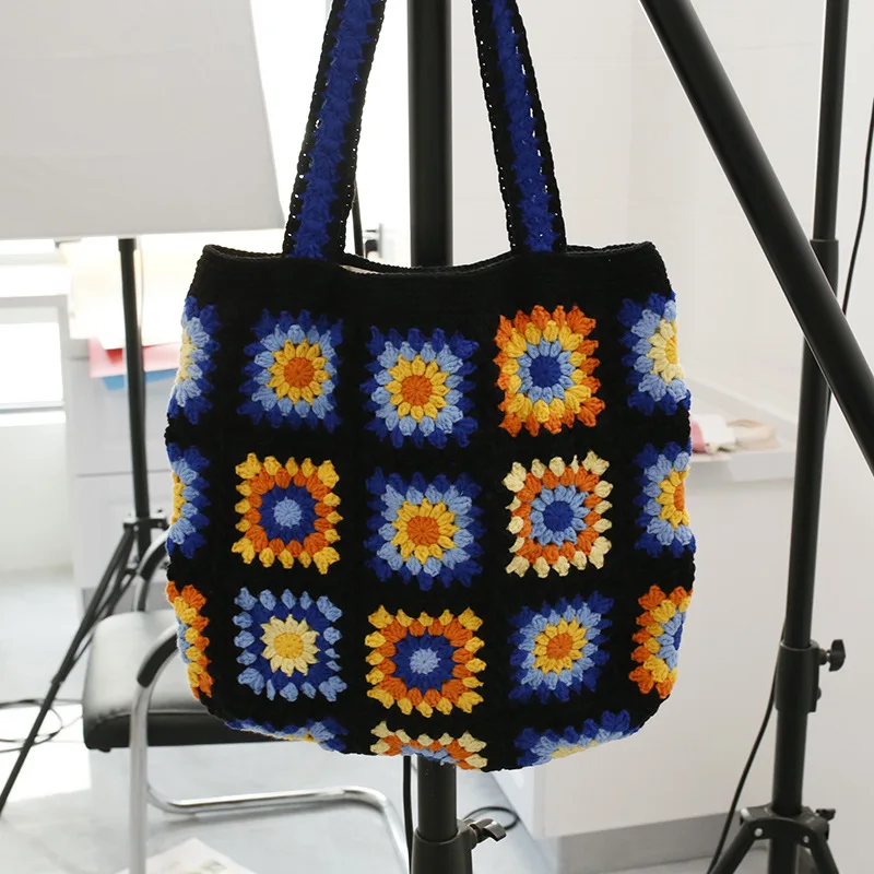 Handmade Crochet Granny Square Tote Bag, Colorful Floral Patchwork Knitted Shoulder Handbag