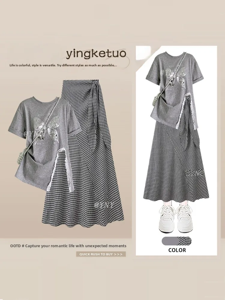 

Summer Fashion Women's Grey Print Short Sleeve T-Shirt And Plaid Skirt Set Vintage Korean Style Split T-Shirt