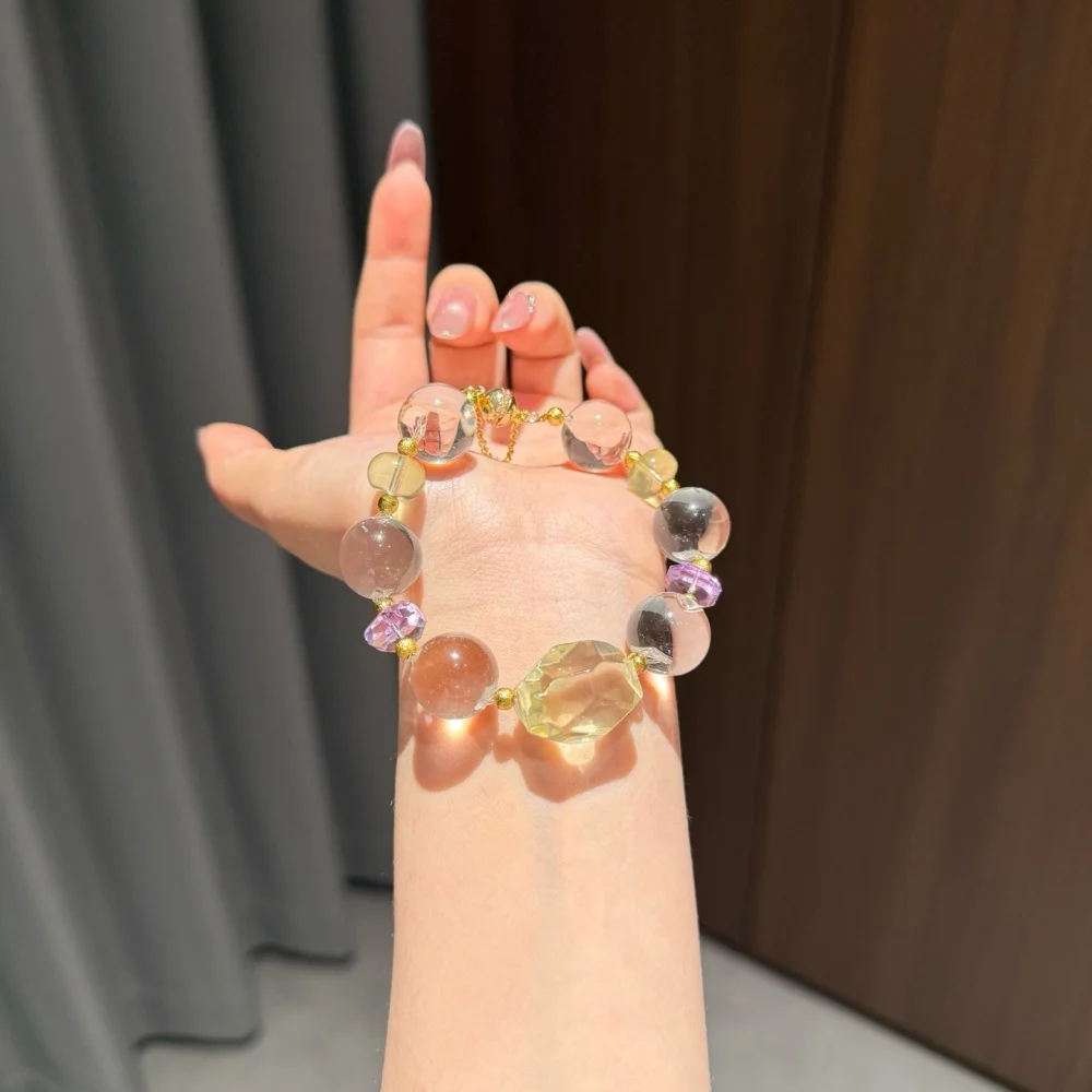 Natural Citrine Clear Quartz Amethyst Bead Bracelet Women Reiki Healing Strand Bangles Jewelry For Female Gift 1PCS