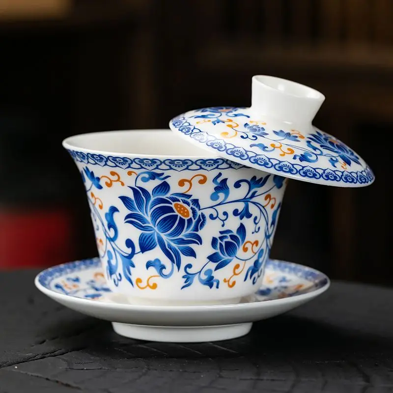 Suspension Lid Sancai Gaiwan Handmade Decal Large Ceramic Tea Brewing Bowl Home Office Offering Cup Chinese Kung Fu Tea Set Gift