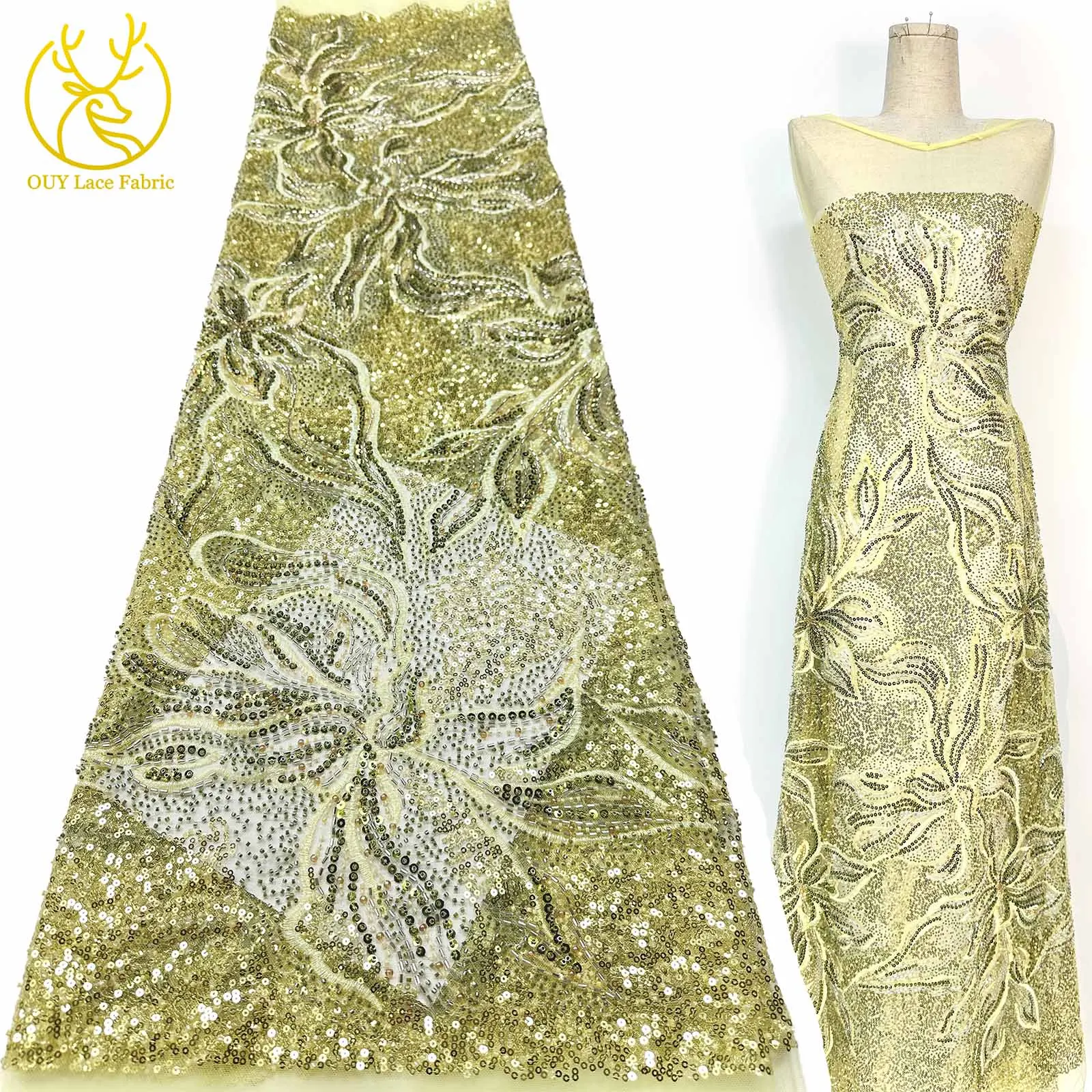 

New Design African Groom Embroidered Beaded Lace Fabric 5 Yards French Sequin Tulle Lace Fabric for Wedding Party Dress Material