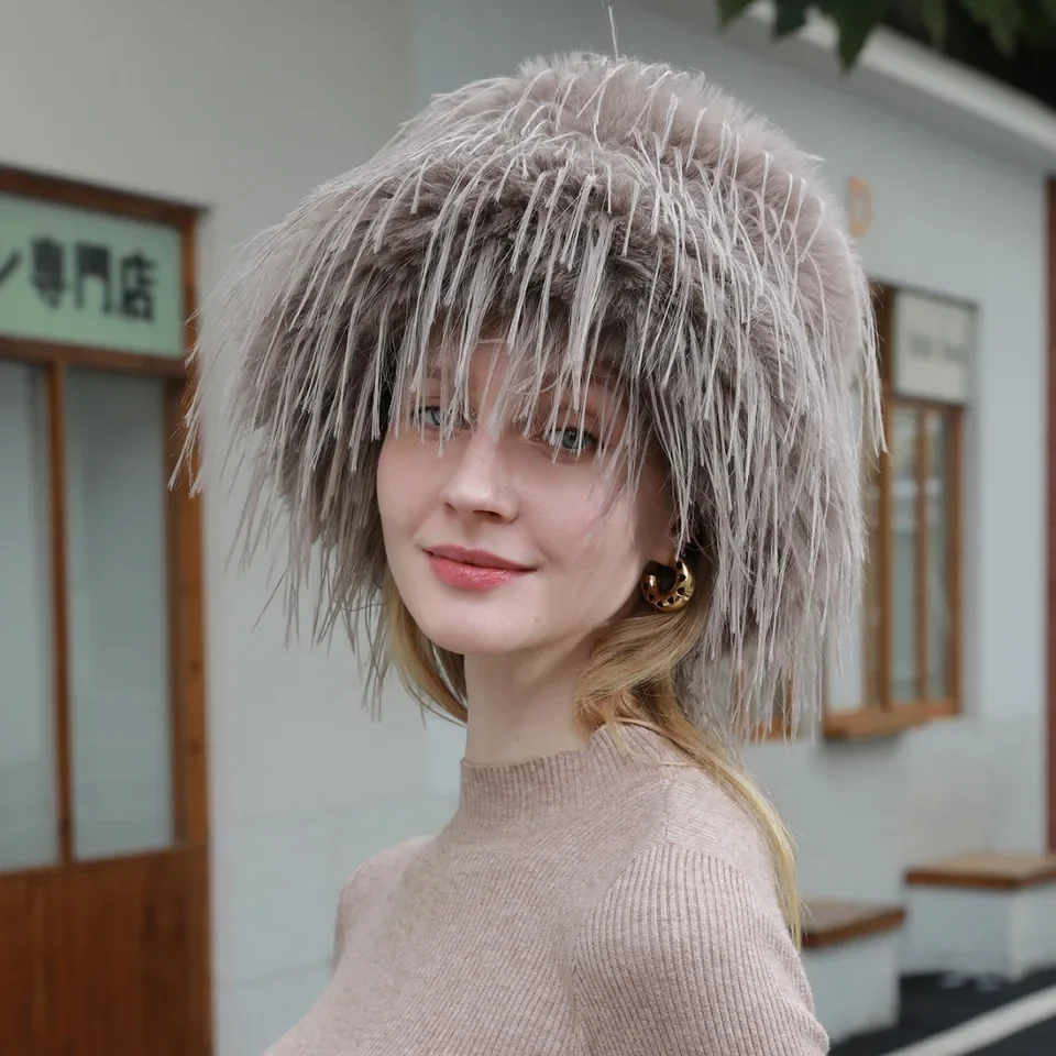 

Winter Fluffy Bucket Hat Women's Fur Fisherman Beanie Warm Fleece Lined Plain Color Korean Fashion Face Slimming