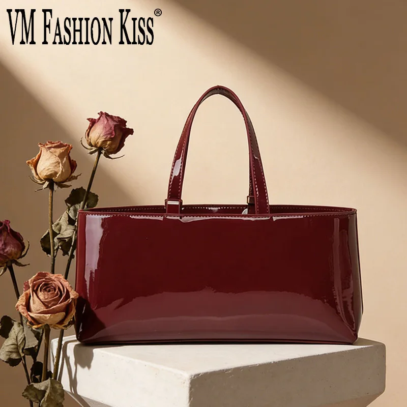 Elegant Women's Handbag Burgundy Patent Leather Single Shoulder Underarm Bag Long Mother-daughter Large Capacity Commuter Bag