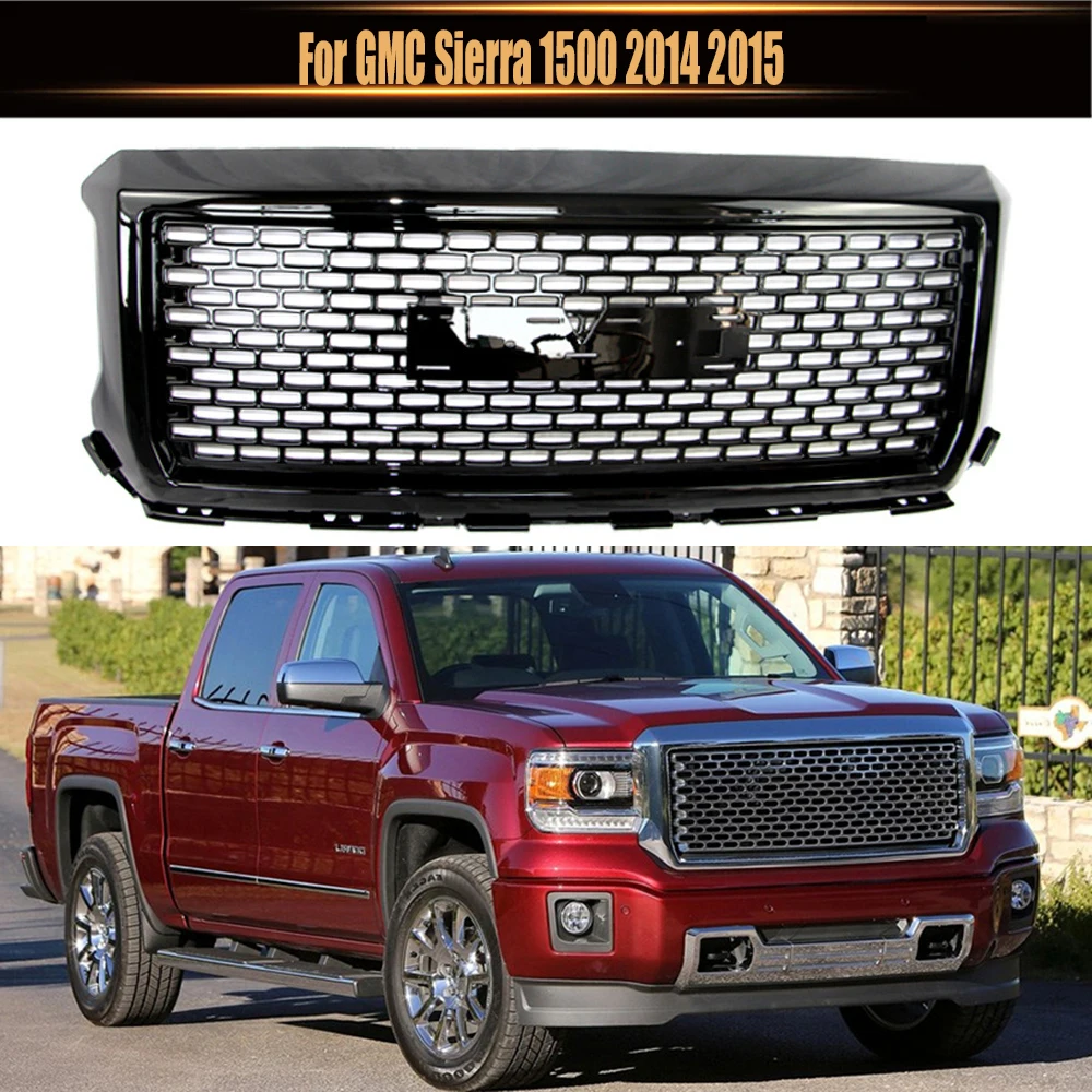 

For GMC Sierra 1500 2014 2015 Car-Styling ABS High Quality Racing Grille Front Upper Grill Bumper Mesh Hood Grills Gloss Black