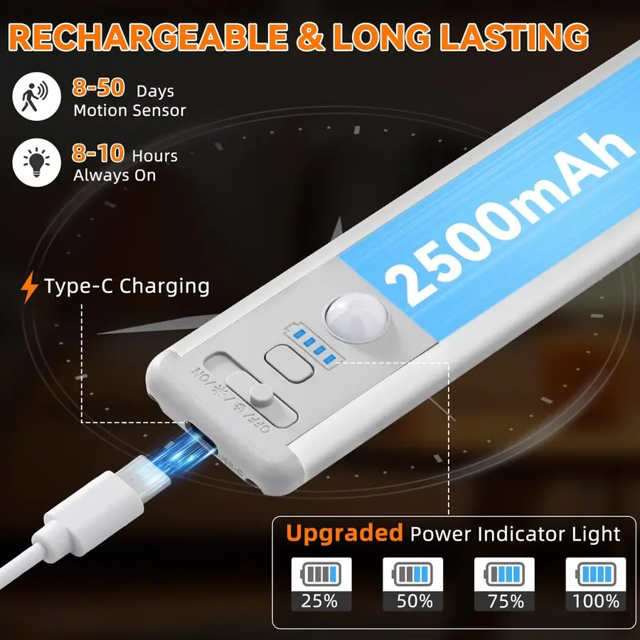 Cabinet Lighting Wireless, Motion Sensor Light Indoor Rechargeable, 3 Color Dimmable Closet Light Battery Operated with LED Powe