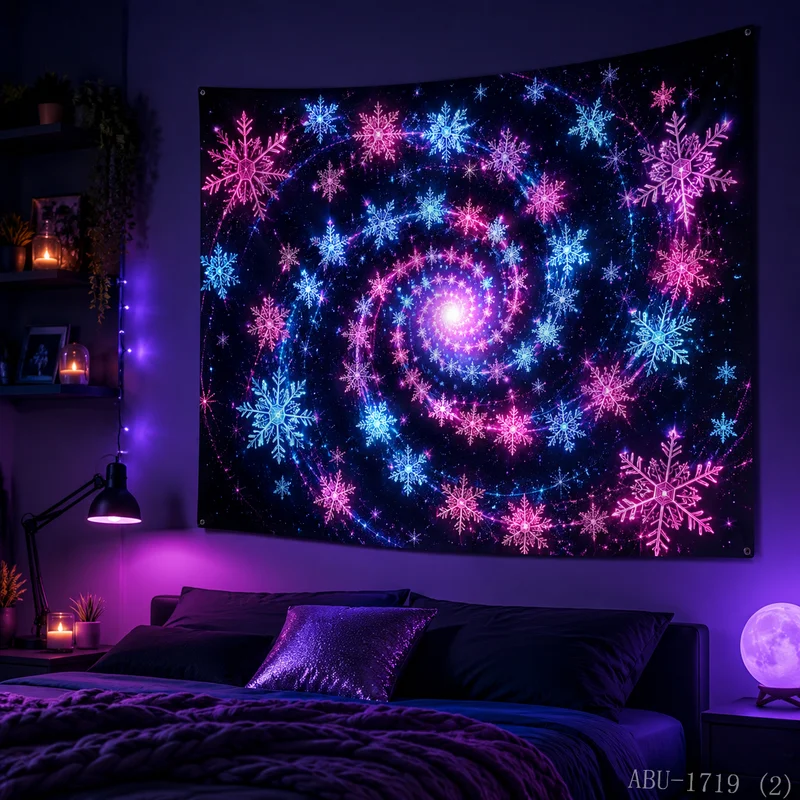 VIKAMA Neon Pink Blue Snowflake Vortex Spiral Starry Black Center Glow Art Christmas Tapestry Wall Hanging Bedroom Living Room