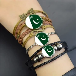 Pakistan Flag Bangles Bracelet Glass Dome Black Leather Weave Bracelets for Women Men Patriot Souvenir Gift