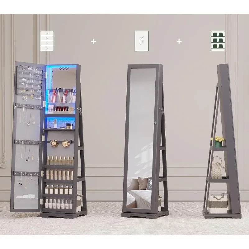 LED Jewelry Armoire with Full Length Mirror, Lockable Mirror with Storage with 3 Color Lights, 360° Swivel Jewelry Cabinet