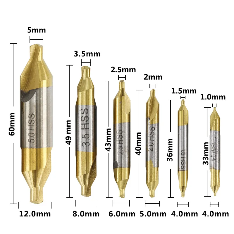 Conjunto de broca central de aço de alta velocidade de 6/7 unidades 1.0-5.0Mm (banhado a titânio em ambas as extremidades) Combinação
