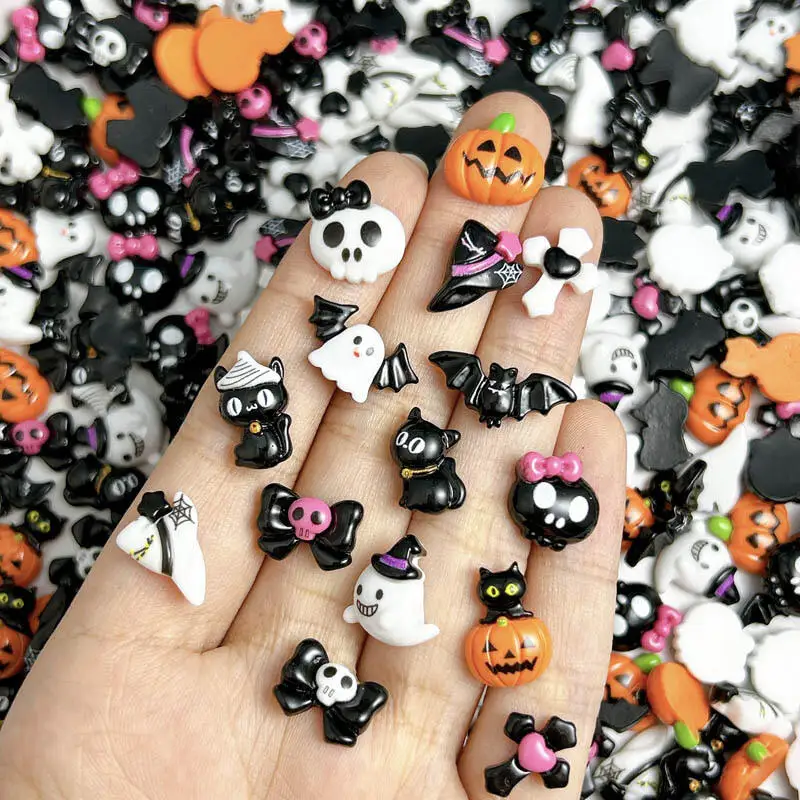 10PCS Cartoon Funny Ghost Pumpkin Monster Nail Charms Cute Bow Skull Cat Resin Nail Art Decorations for DIY Hallowween Nails image 6