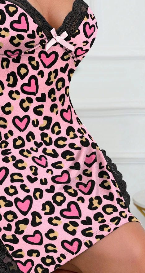 ผู้หญิงเสือดาวหัวใจพิมพ์ลูกไม้ Trim V คอสายสปาเก็ตตี้ Bowknot Cami Sleep ชุดโรแมนติก Nightgown