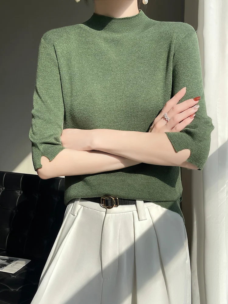 

Slim Fit f High Collar Five Sve Knitted Base irt Women's Thin Sle Body Tee Top Ele Versatile Knitwear