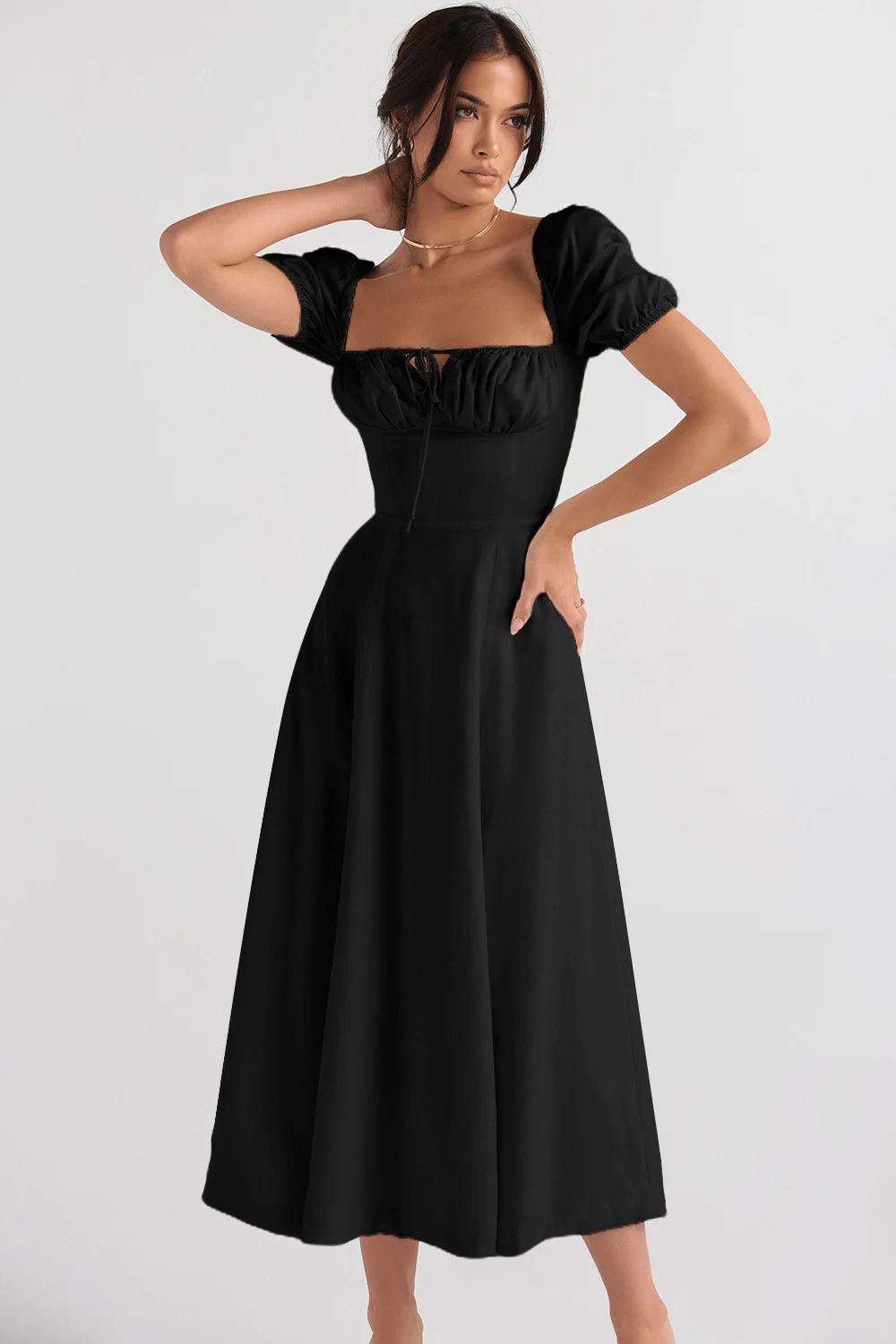 Women's Summer Puff Sleeve Split Maxi Dress Flowy A Line Casual Beach Long Dresses French Going Out Skirt Waist Slim Long Dress