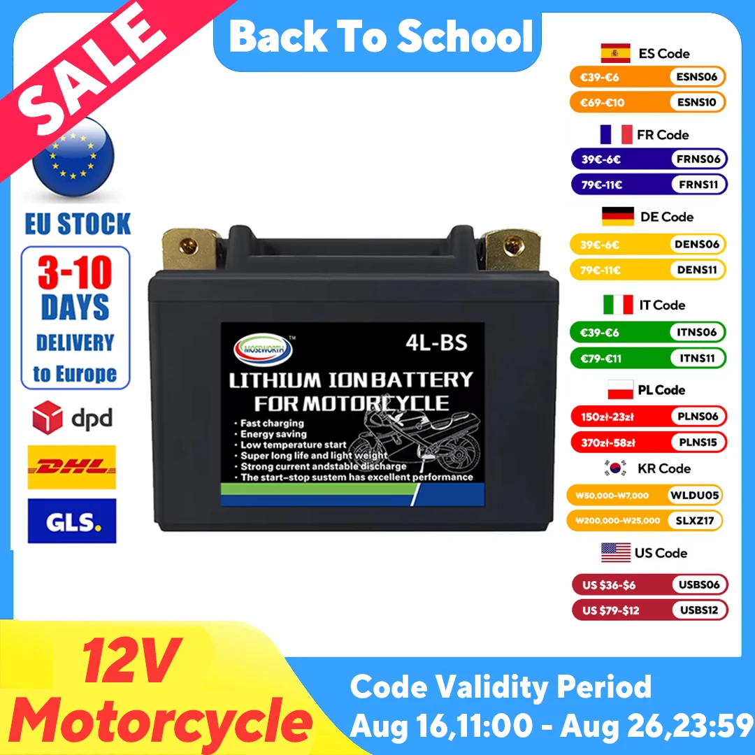 Motorcycle Battery 12V LiFePO4 Lithium Ion 4L-BS 160CCA Size-113x70x89mm Built-in BMS Board Lithium Phosphate Ion Battery