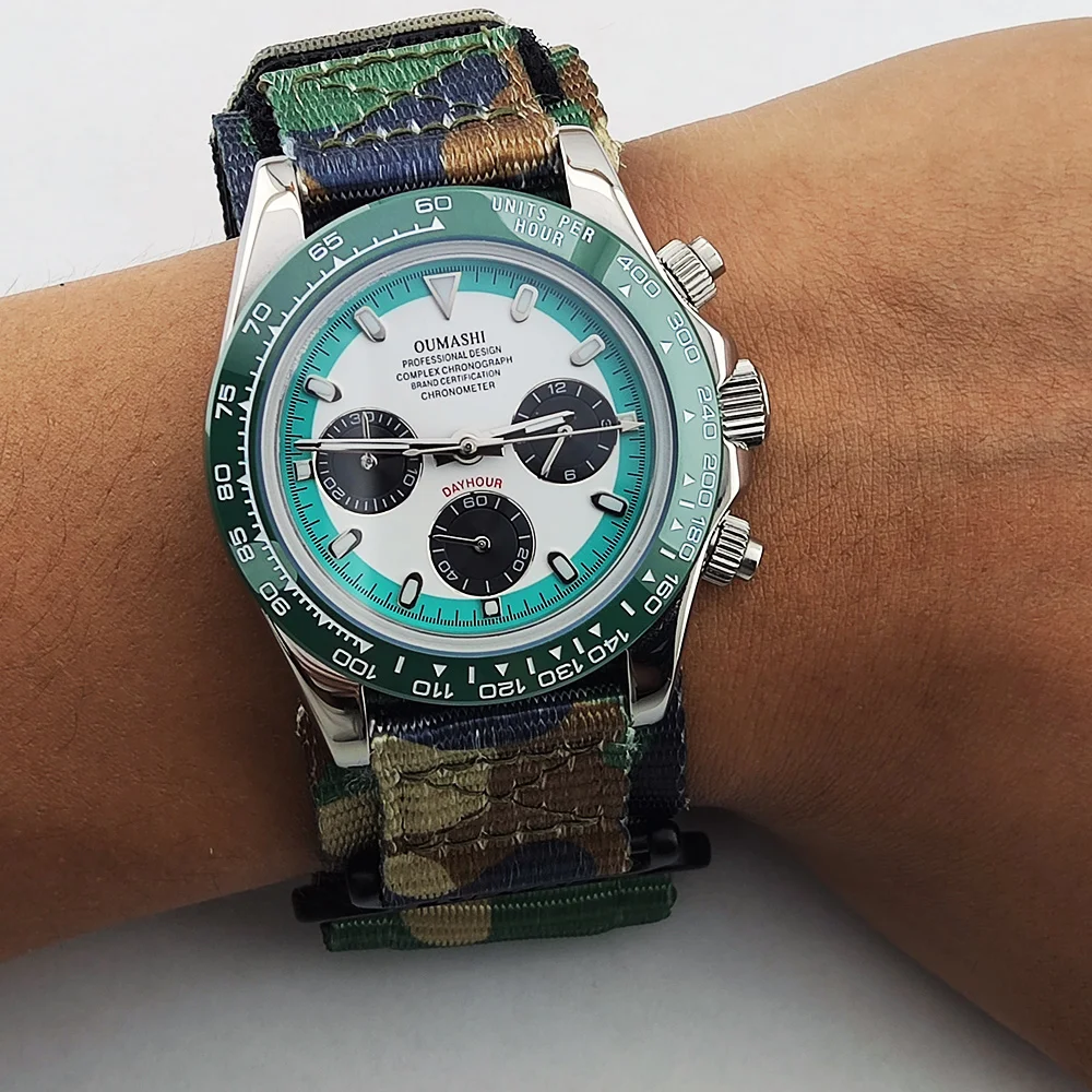 Мужские спортивные часы, кварцевые VK63, хронограф, сапфировое стекло, интенсивная нержавеющая сталь, зеленая яркость, водонепроницаемый ремешок на липучке 10 бар