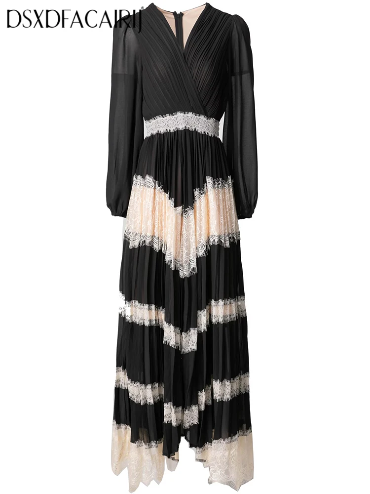 

DSXDFACAIRIJ Women's Vintage Long Dress V-Neck Lantern Sleeve Lace Patchwork Black Pleated Fashion Spring Female