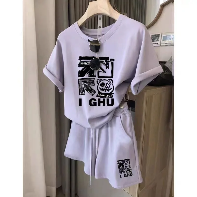 

Loose Korea Fashion Printed Cartoon T Shirt Women 2 Pcs Set Summer Shorts Suit Oversized Clothes Women Casual Running Sports Set