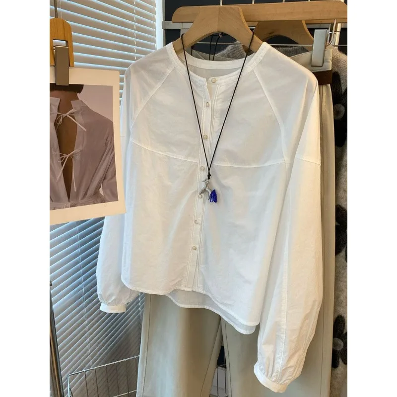 

Однобортная свободная рубашка в стиле Dongdaemun из Южной Кореи с круглым вырезом и длинными рукавами, женская осенняя рубашка