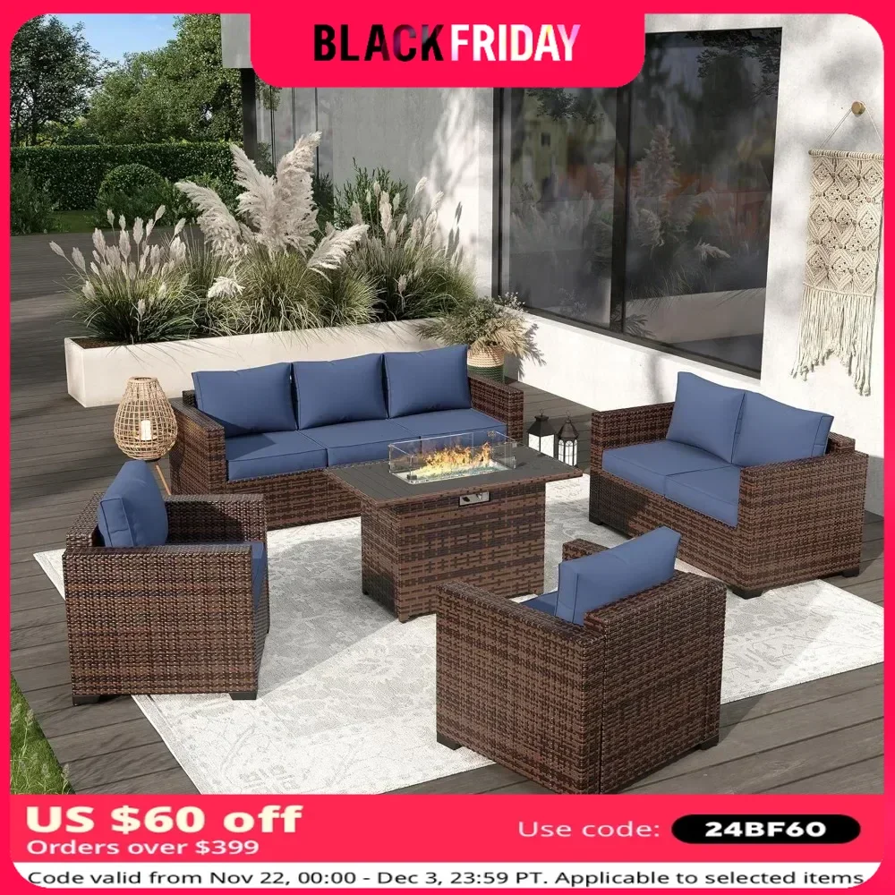 Fire Pit Table 8 Pieces Patio Furniture Set Thickened Cushions & Waterproof Covers Outdoor Patio Furniture Outdoor Heating