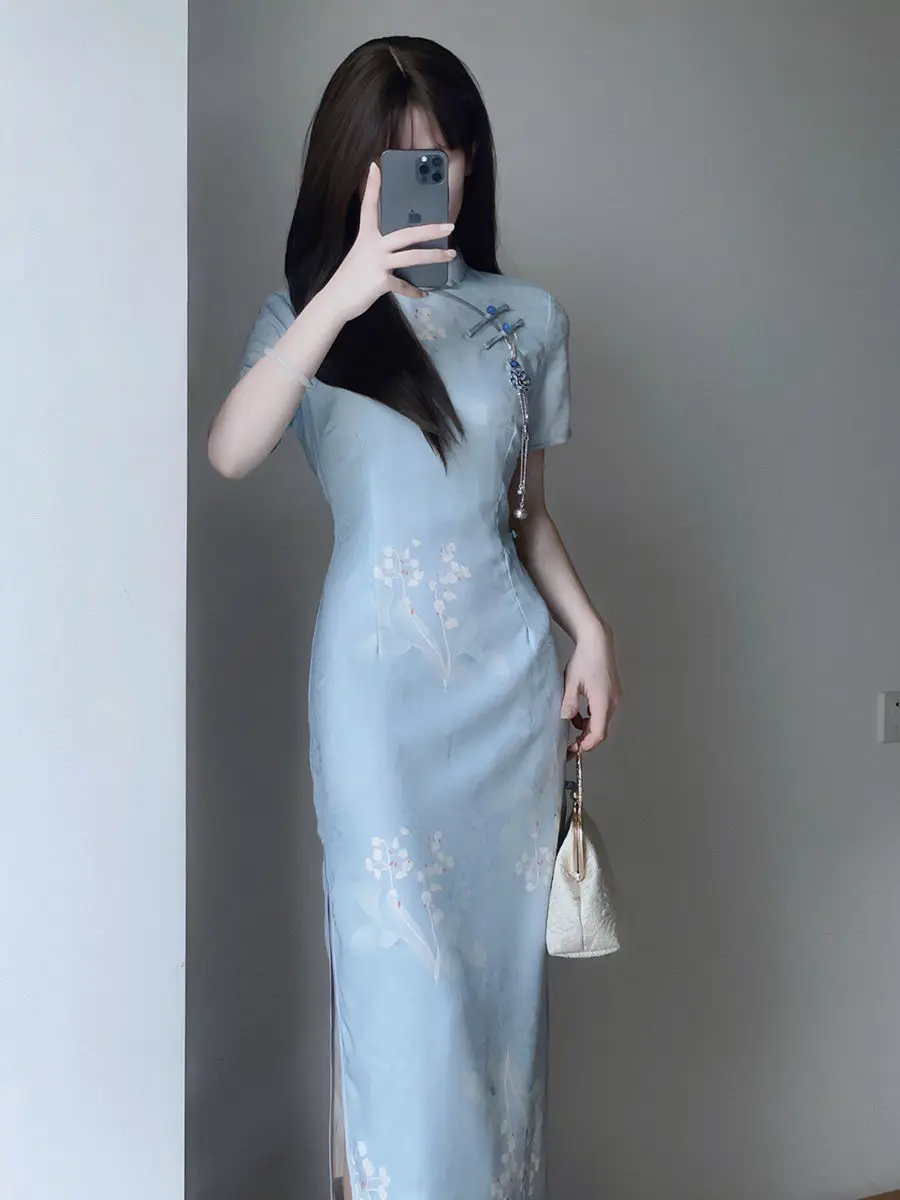 2024 Summer Cheongsam Improved Elegant Qipao Daily Slim Fit Blue Gentle Comfortable Qipao Long Vintage Dress