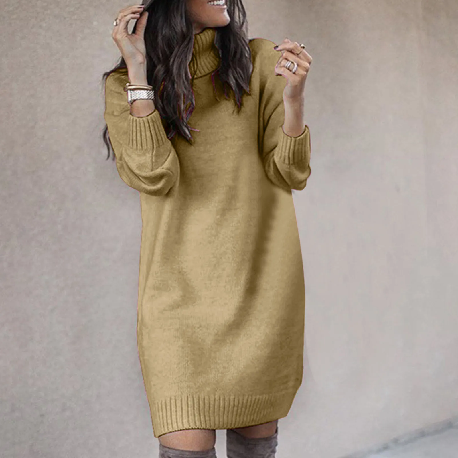 Winter Women\'s Sweater Dress Solid Color High Collar Sundress Casual Knitted Tunic Dresses Cold Weather Clothes Vestido Feminino