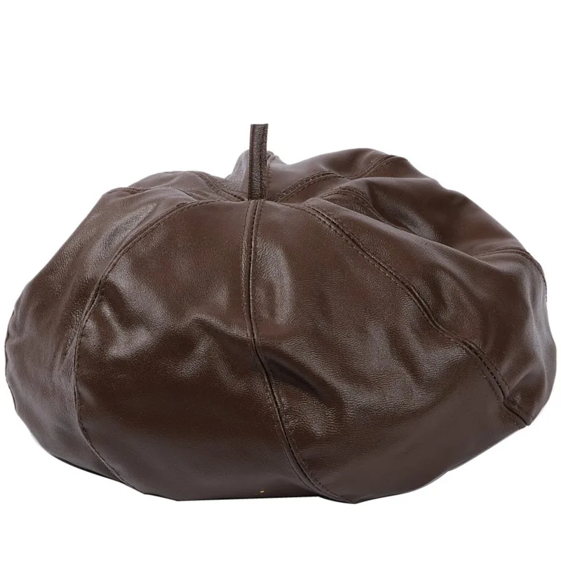 Ladies' new octagonal hat black and brown leather top layer casual beret trendy for adults