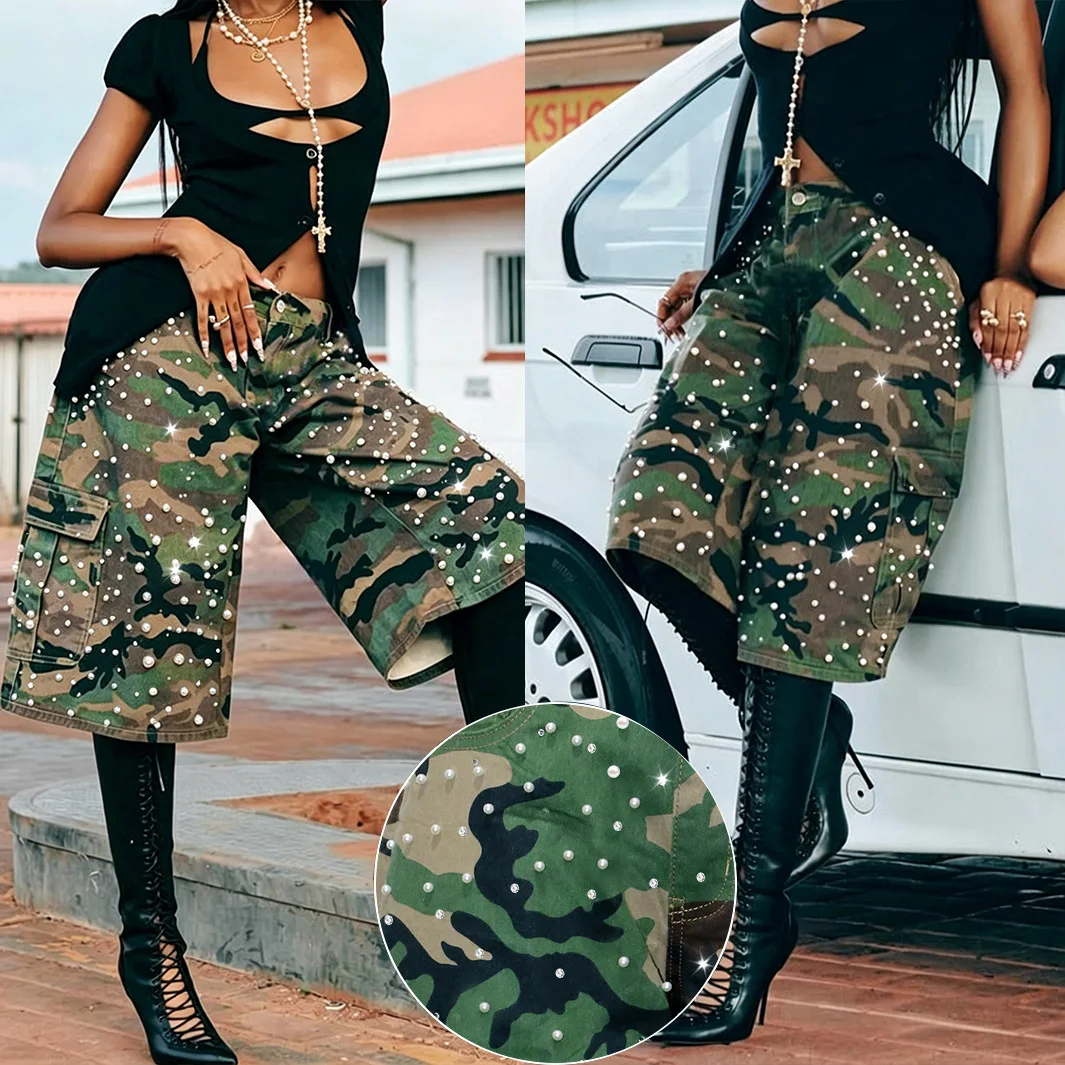 Women Camouflage Straight Pants Pearl Rhinestone Military Denim Jeans Five-point Trousers Street Slacks Stylish Hip Hop Overalls