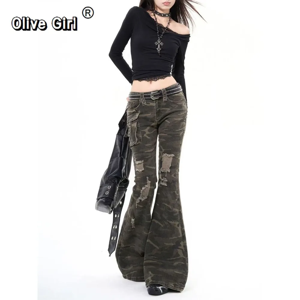 Olivegirl 2026 Women's Jeans Denim Flare Pants Harajuku Low Rise Camouflage Cargo Jean Bell Bottom Y2k Cowbow Kpop Grunge