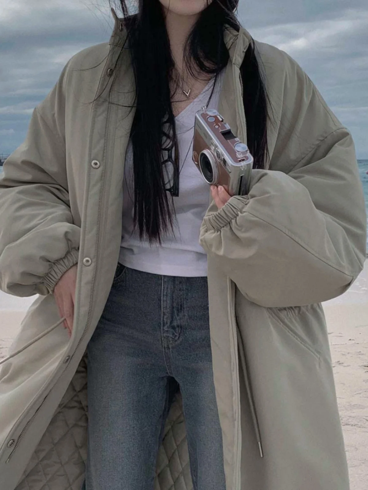 

Chic Winter New Workwear Parka Drawstring Cotton Jacket Women's Loose Warm Outerwear Korean Style Commute Long Sleeve Zipper
