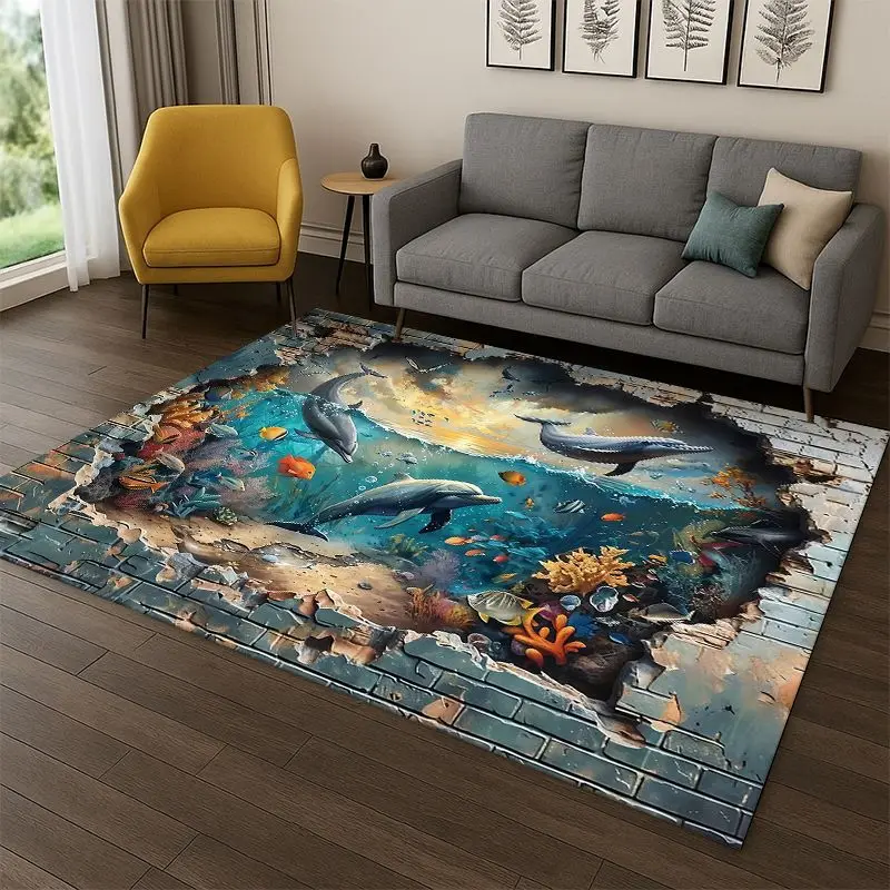 3D Illusion Underwater World Marine Life Shark Dolphin Cartoon Carpet Rug for Bedroom Living Room Sofa Doormat kids Non-slip