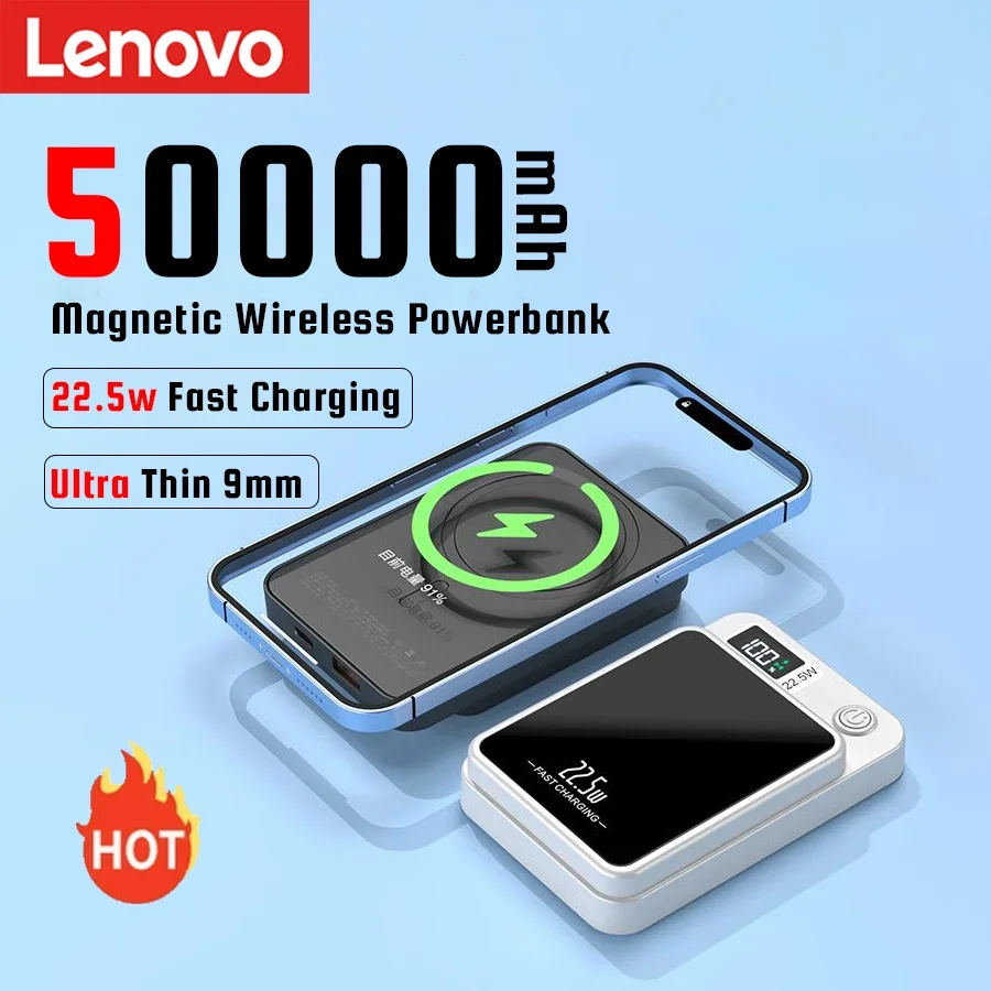 Lenovo 2024 New 50000mAh Wireless Power Bank Qi External Portable Power bank Type C Mini Fast Charger For iPhone Samsung