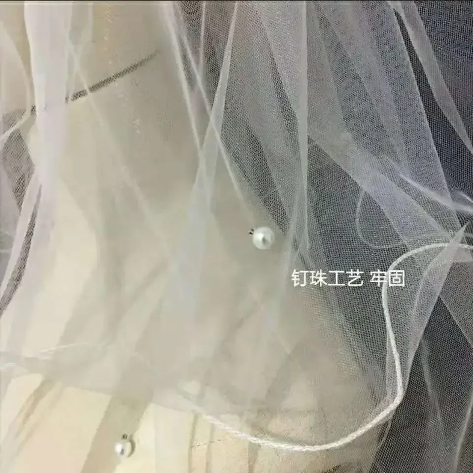 4 الطبقات الحجاب الزفاف النسائي تقليد اللؤلؤ اليدوية مطرز الشريط Bowknot ديكور متموج تقليم مشط الزفاف