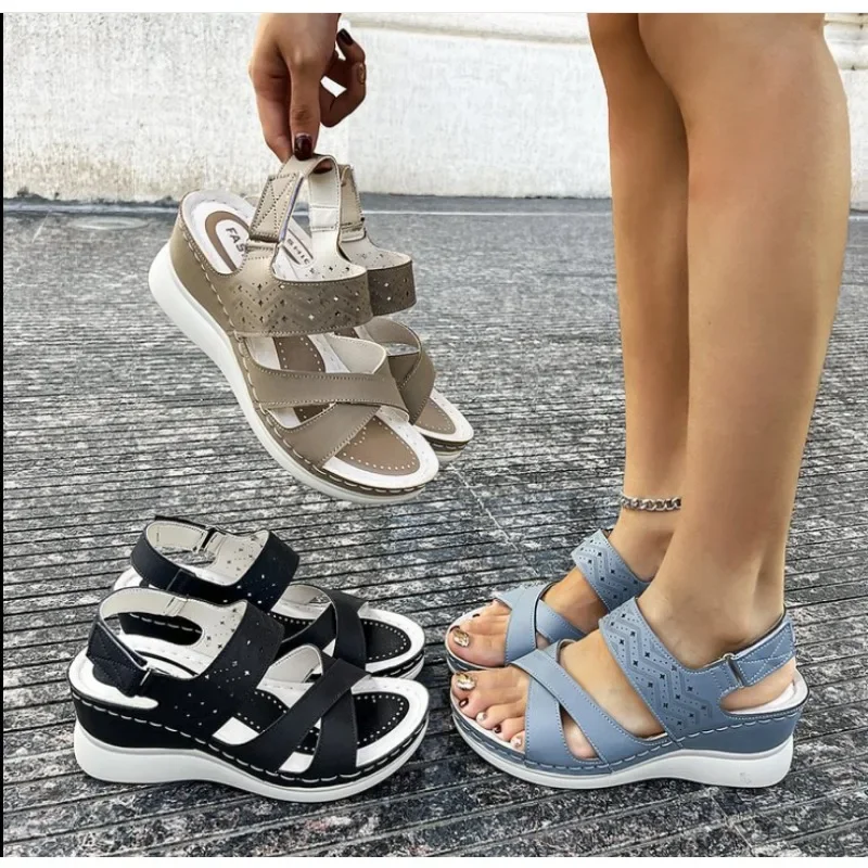 2025 Summer Fashion Wedge Sandals Women Hollow Out  Buckle Leisure Cross-Tied Sewing Thread Beach Blue Waterproof Black