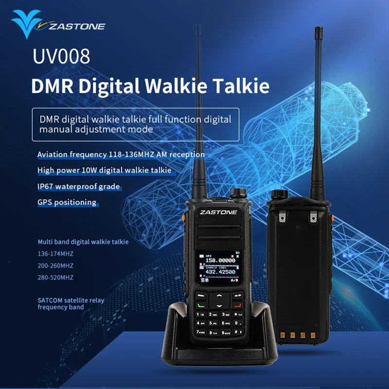 ZASTONE UV008 DMR Digital Walkie Talkie Multi Band 136-520MHZ 10W DMR Two Way Radio IP67 Waterproof GPS Positioning Coordinates