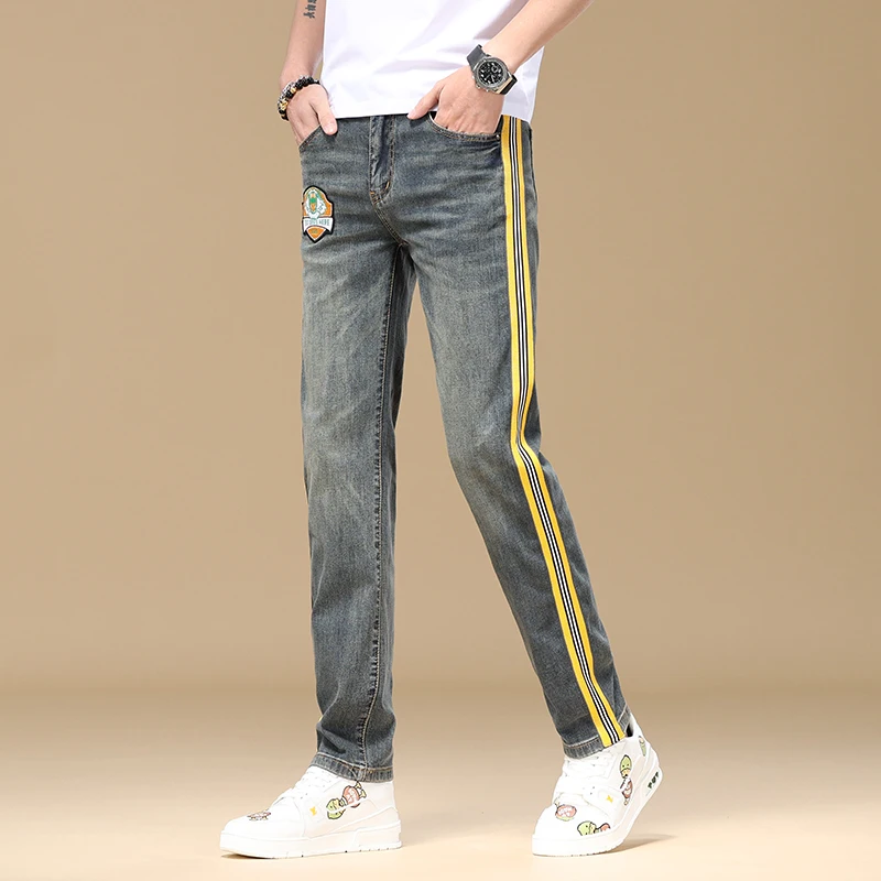 Side striped embroidered washed straight leg jeans for men's 2024 new light luxury fashion high-end casual pants