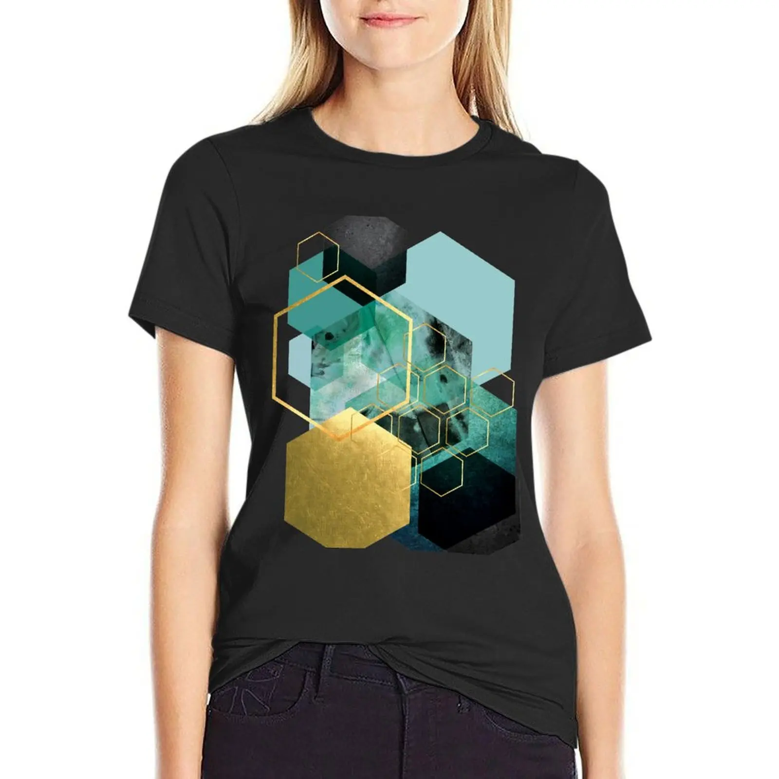 

Teal and Gold Geometrical T-Shirt Aesthetic clothing shirts graphic tees plus size tops black t shirts for Women