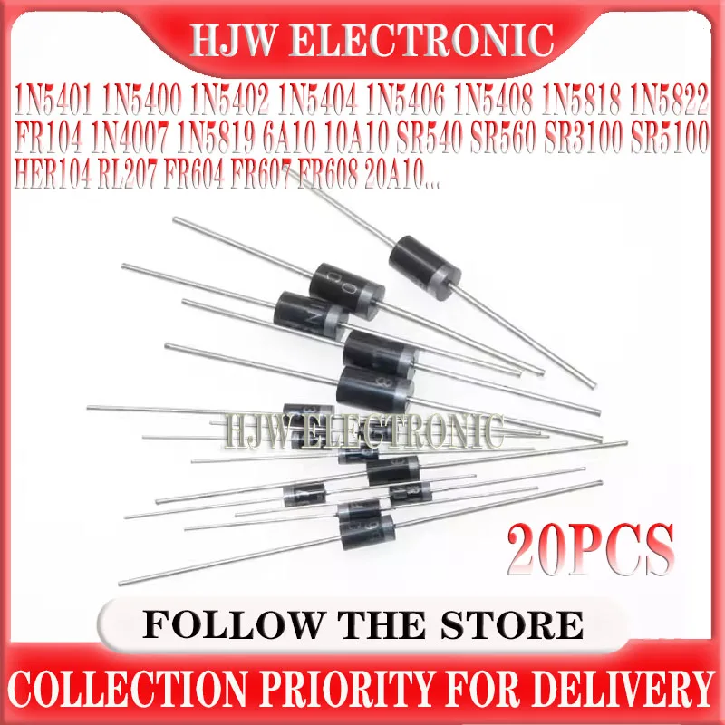 20pcs Rectifier Diode 1n5408 1n5404 1n5401 1n5822 1n5818 1n5400 1n5406 1n5402 10a10 Fr604 Fr607 Fr608 3a 6a200v 400v 600v 800v