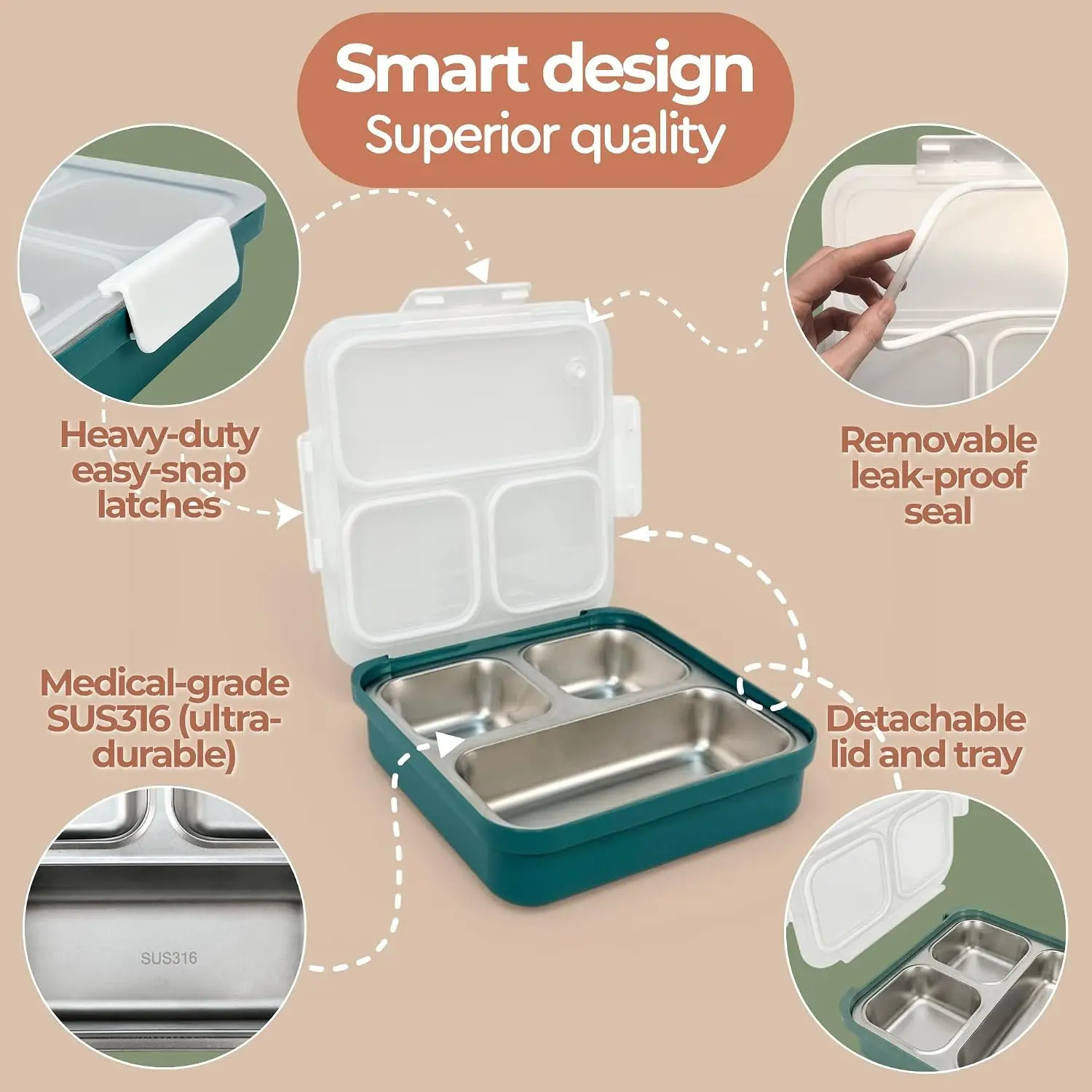 2026 New well Stainless Steel SUS316 And PP Lunch Box, Large Capacity, 3 Compartments Metal Bento Box For Kids & Adults, Leak