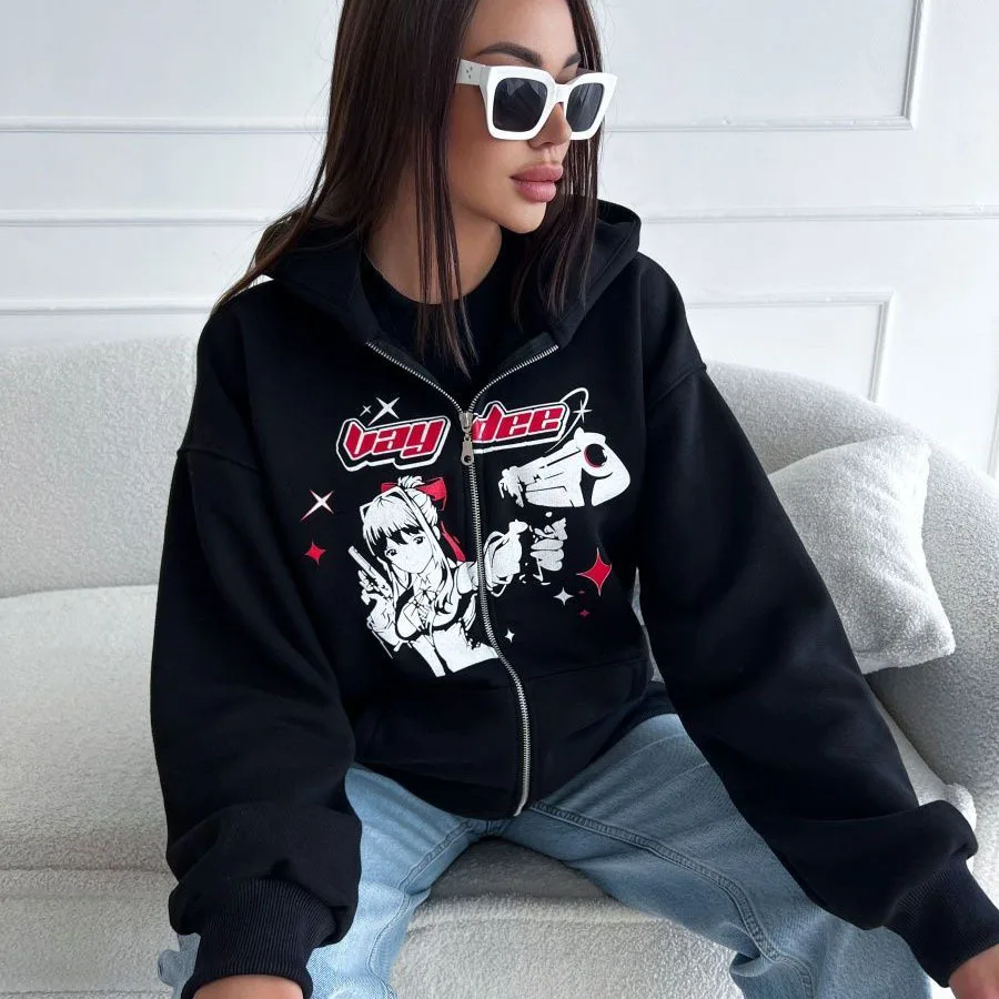 

Harajuku Gun Girl Printed Hoodies women Japanese Casual Cardigan Oversize zip up hoodie gothic y2k tops high street sweatshirt