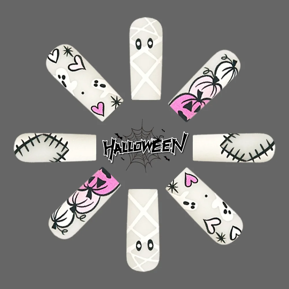 24枚入り ホワイト ロング コフィン型 つけ爪 バンドゥ風 ゴースト ホラー パンプキンデザイン ハロウィン プレスオンネイル フレンチ スパイシーガール マニキュアアート