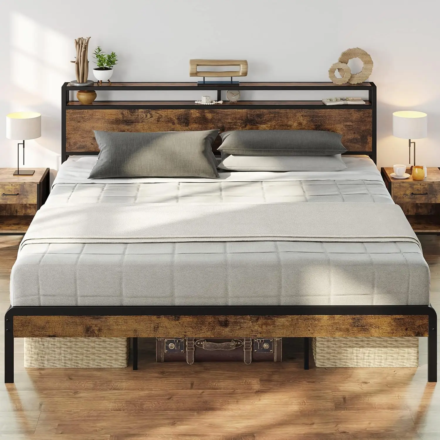 King Size Bed Frame, Platform Bed with 2-Tier Storage Headboard, Solid and Stable, Noise Free, No Box Spring Needed,