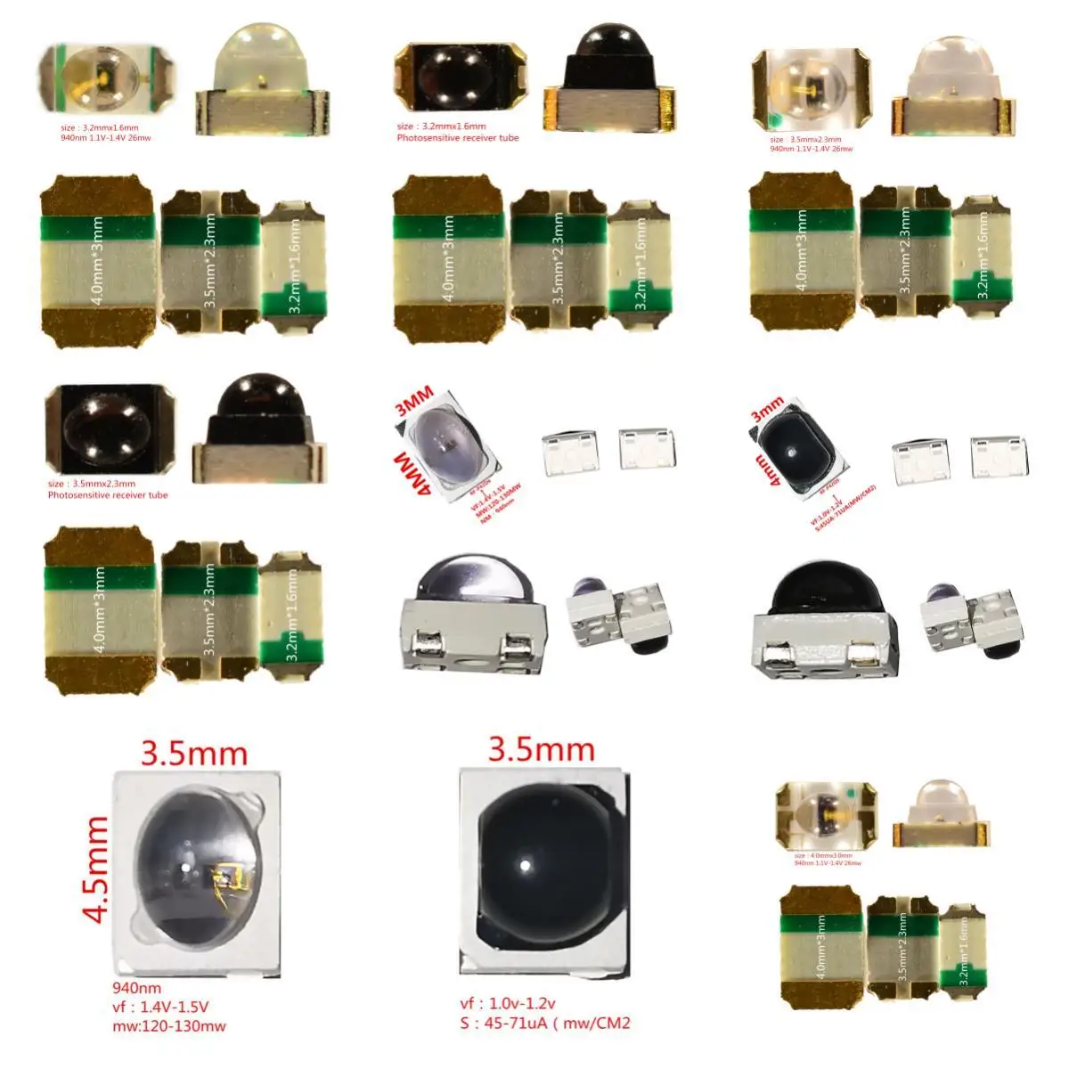 200PCS 3523 3216 4030 IR LED Emitting Diode 940nm Emitter Receiver Infrared Transmitter Phototransistor Photodiode Invisible