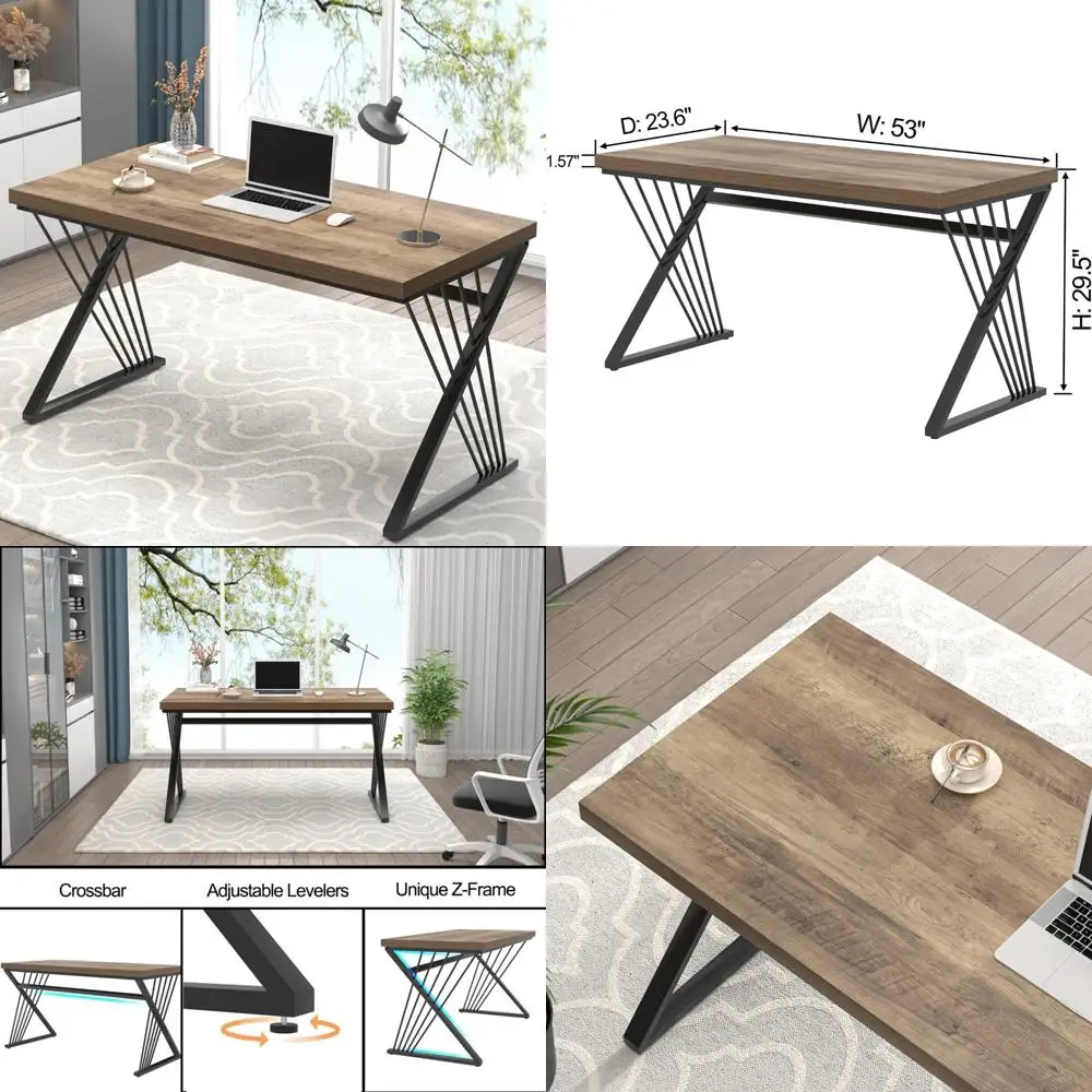 

Modern Home Office Desk: Wooden and Metal Study Writing Gaming Table for Bedroom, Living Room, Rustic Oak Finish