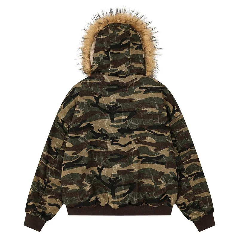 Men's Fashion Camouflage Parkas With Fur Collar Winter Cotton Padded Warm Overcoat High Street Printed Thick Thermal Outerwear