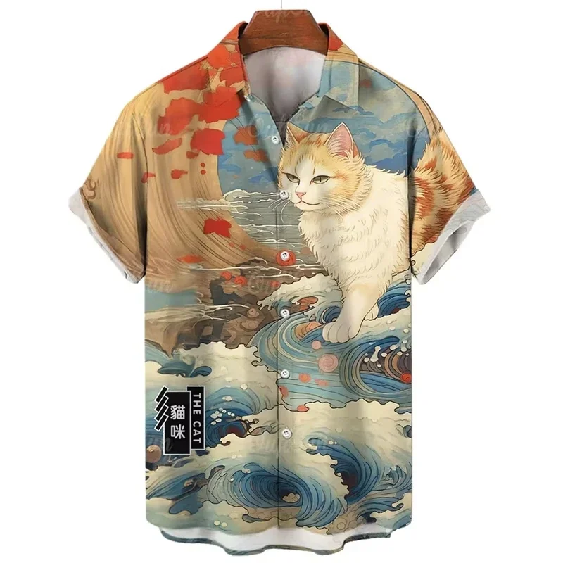 Cartoon Kitten Print Shirts For Men Summer Hip Hop Trend Short Sleeve Blouse Fashion Lapel Cardigan Tops Casual Loose Unisex Tee