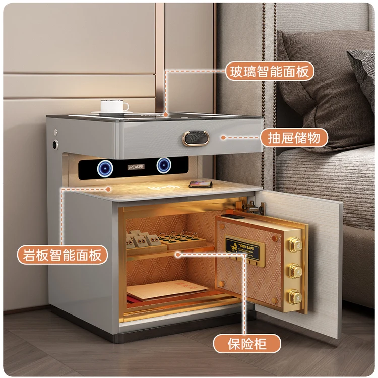 #All Solid Wood Smart Bedside Table, Safe, Integrated Remote Wireless Charging, Bluetooth Audio, USB Password Lock Finger