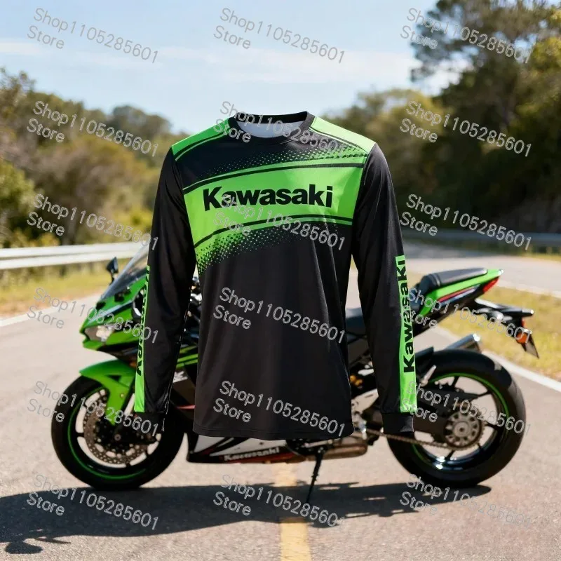 Kawasaki Motorcycle Theme Long-Sleeve T-Shirt Racing Style Print Breathable Casual Top for Riders - view 3