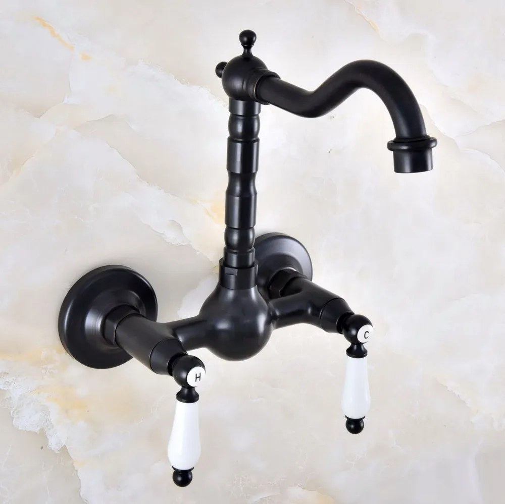 

Dual Handle Duals Hole Wall Mount Basin Faucet Oil Rubbed Bronze Bathroom Vanity Faucets Kitchen Sink Cold Hot Water Taps Dnf869